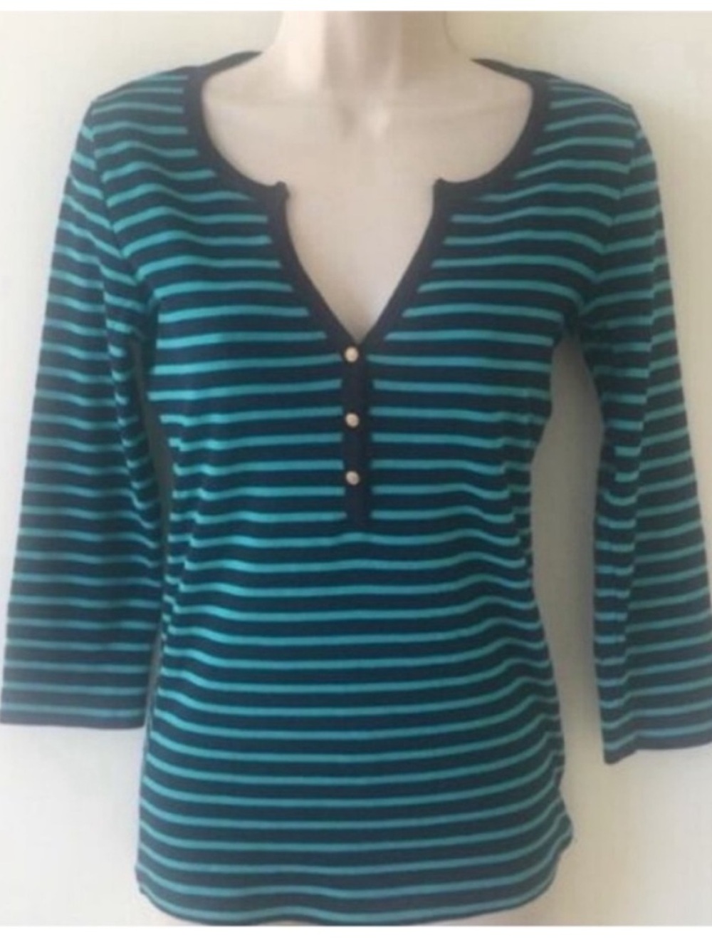 J. Crew Perfect Fit Navy Aqua Stripe Cotton 3/4 Sleeve V Neck Henley Tee Shirt S